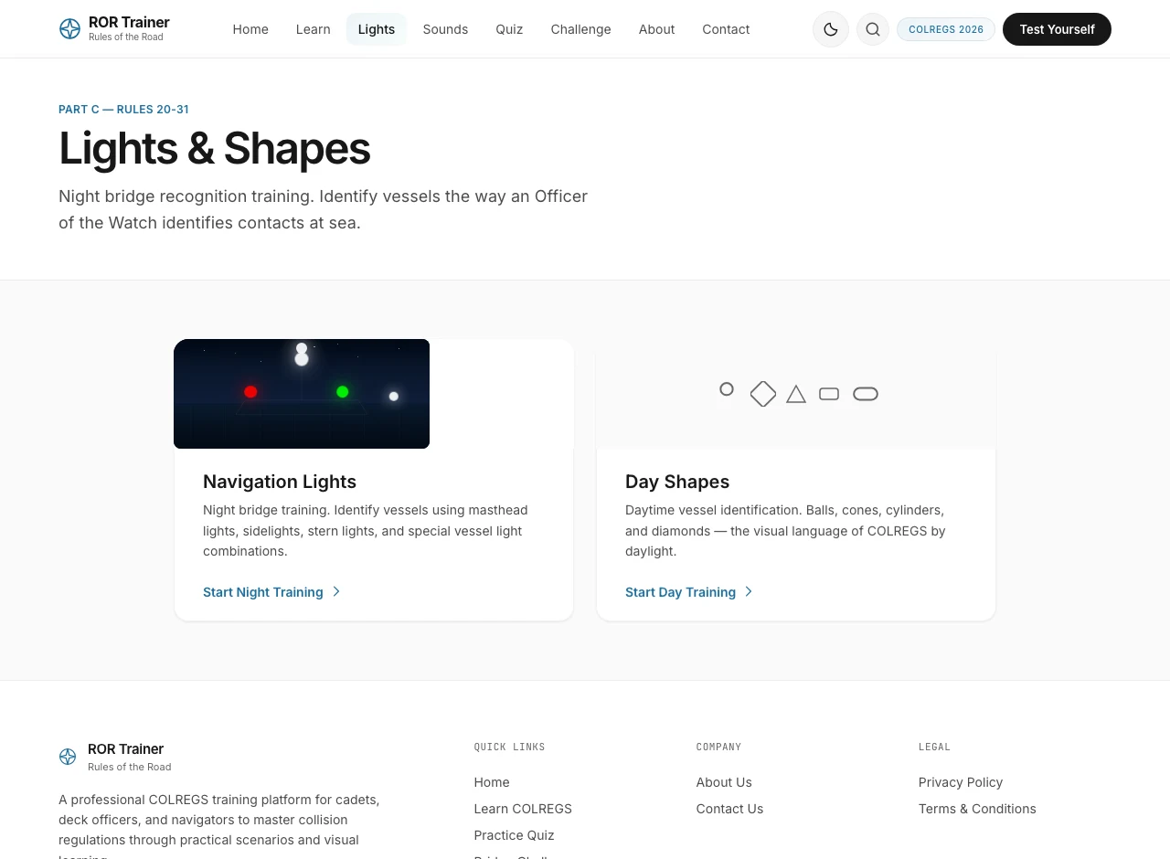 ROR Trainer Lights and Shapes page with navigation light and day shape training