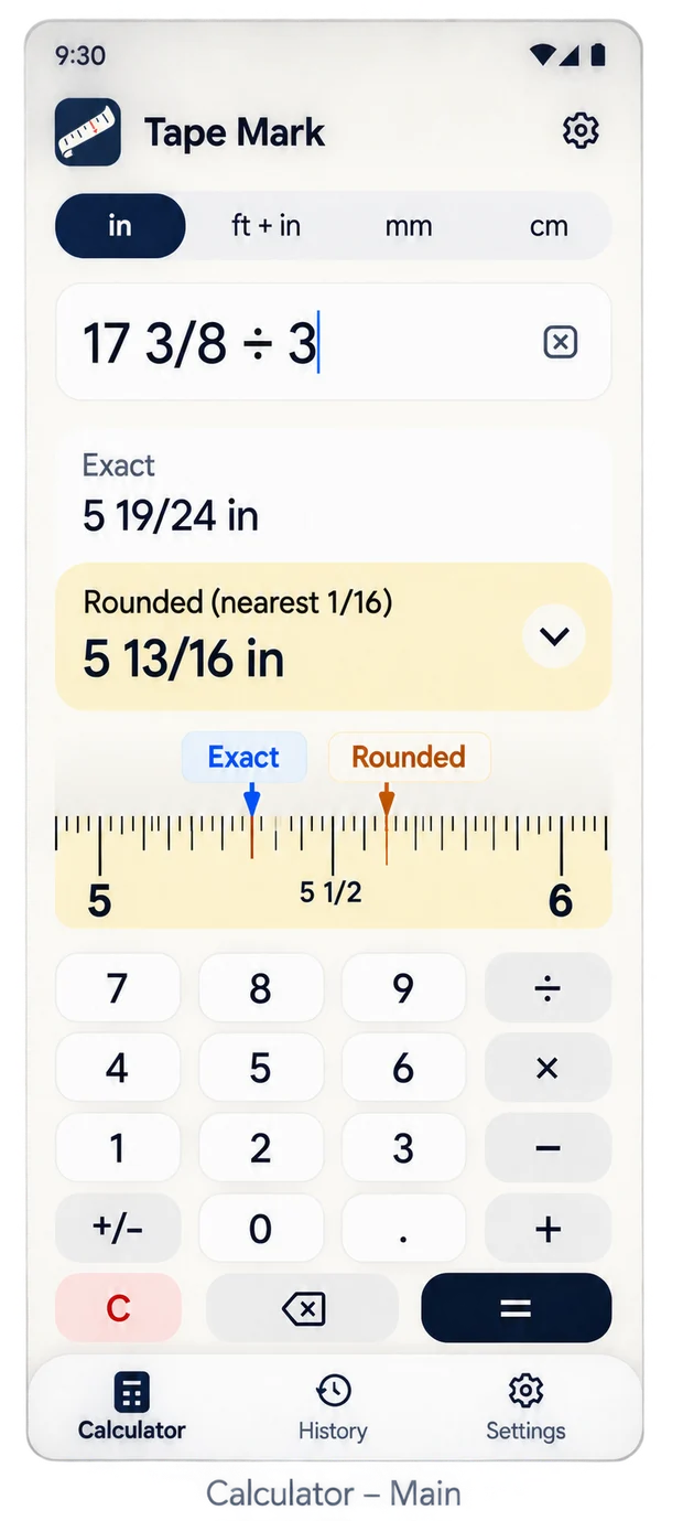 Tape Mark calculator design preview with exact and rounded fractional measurements